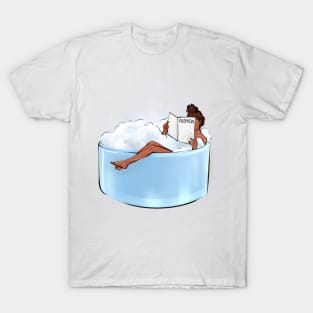 Female lying in foam bubbles holding journal. T-Shirt